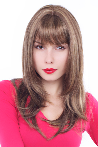 Lady Wig TEMPTRESS stunning LONG sinful sexy BRUNETTE BROWN with BLOND strands NAUGHTY Fringe