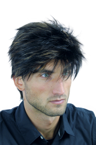 Men Gents Quality Wig short youthful wild and stormy look dark brown streaked blond highlights