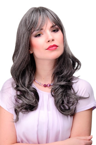 3001-44 Lady Quality Cosplay Wig very long beautiful curling ends fringe bangs dark grey approx 21"