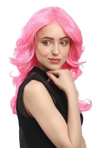 Lady Party Wig Halloween Fancy Dress glamorous pink Diva middle parting layered wavy long 20"