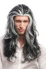 Lady or Man Party Wig Halloween Fancy Dress long wavy black with grey white streaks strands