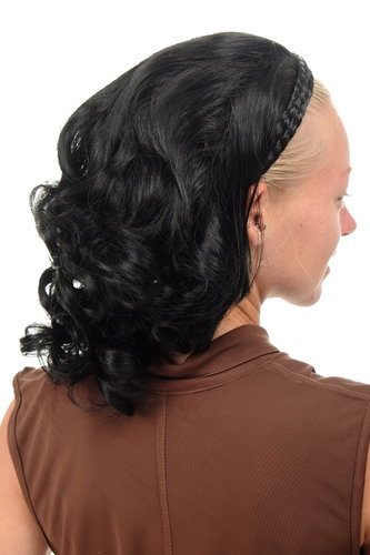 Halfwig Hairpiece Extension with braided hair circlet shoulder length wavy to curled deep black 14"