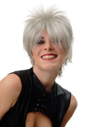 BLUE144-51 Lady Quality Wig short naughy spiky 80s style teased Wave Punk silver grey