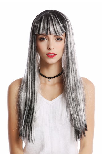 Wig Ladies Women Carnival Cosplay black grey silvery streaks straight fringe bangs Disco Glam Alien