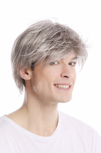 Men Gents Wig short casual to wild backcombed teased up youthful modern look silver grey gray