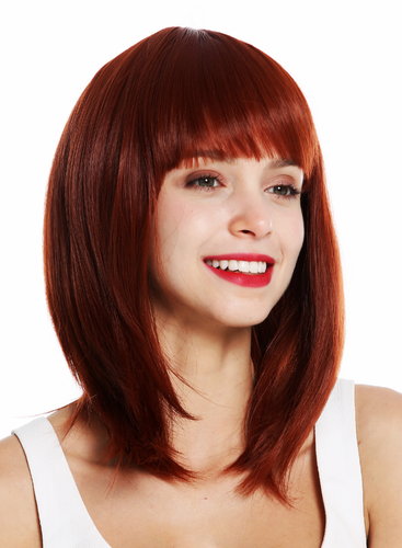0530-10-350 women's quality wig short shoulder length sleek voluminous layered fringe copper red