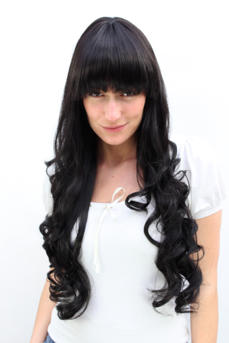 Very LONG Lady Quality Wig BLACK curled ends Fringe BANGS (3116 Colour 2)