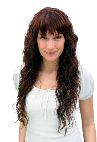 Lady Quality Wig CARIBBEAN LATIN naturally looking strands streaked BROWN MIX kinky curly FRINGE
