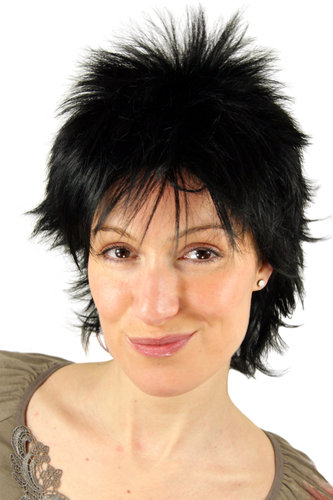 SHORT Lady Wig spiny WILD styled Hair 80s Eighties raven tar BLACK 26155-1 Goth