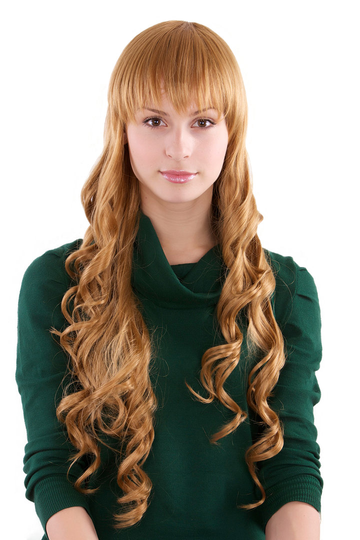 LONG Lady Quality Wig reddish BLOND blonde FRINGE straight top COILS curly  ends 65 cm Peluca