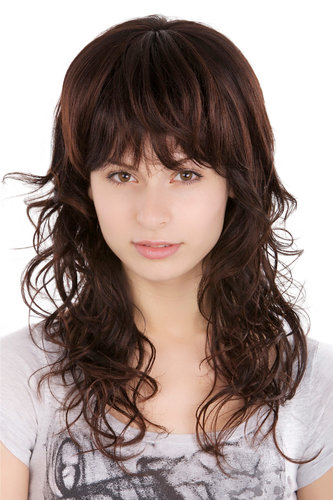 Lady Quality Wig medium long FRINGE straight full voluminous top wavy wet-look strands MIXED BROWN