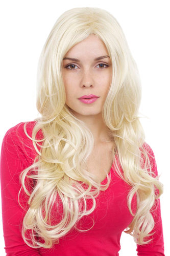 GLAMOUROUS Quality Lady Wig VERY LONG wavy curls PLATINUM bright BLOND middle parting 65 cm