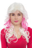 GLAMOUROUS Quality Lady Wig Diva LONG backcombed curly curls WHITE BLOND with PINK middle parting