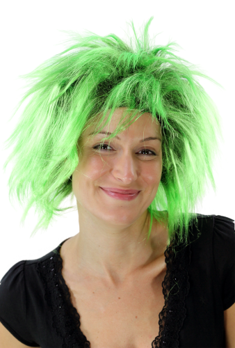 Party/Fancy Dress Lady WIG wild retro 80ies BLACK & NEON GREEN mixed strands streaked Drag Queen