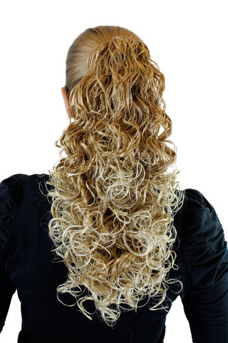 Ponytail Hairpiece extension medium long full volume curls clap dark blond streaked bright blond