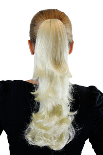 Ponytail Hairpiece extension medium length straight bouncing curving tips platinum blond 16"
