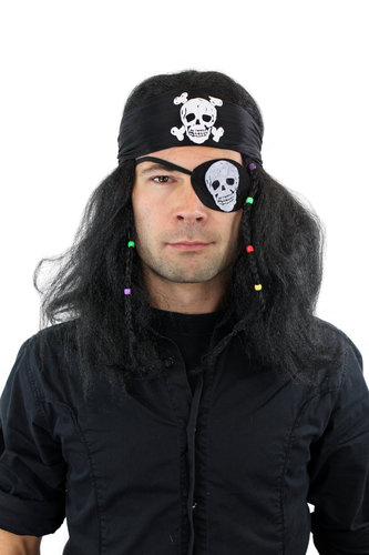 Party/Fancy Dress/Halloween Pirate Set wild black Wig Bandana Eye Patch Jolly Roger