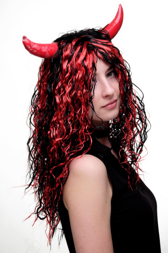 Red Devil Wig With Black Horns Halloween Satan Fancy Dress 