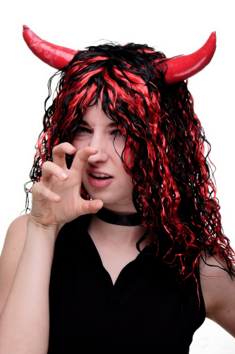 Party/Fancy Dress Lady WIG seductive SHE-DEVIL devil demon horns VERY LONG black red strands