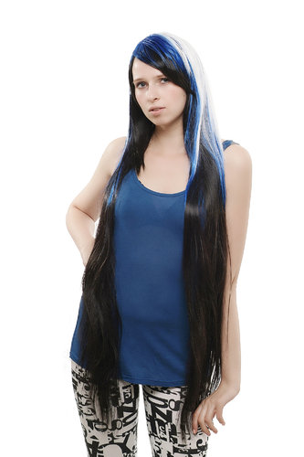 Extremely Long & Extravagant Lady Quality Wig black + blue and white Punk Gothic Goth Anime Cosplay