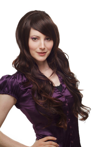 Lady Quality Wig LONG beehive 60s straight slightly wavy DARK BROWN with strands of mahogany