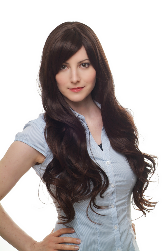 Lady Quality Wig long straight with wavy ends DARK BROWN with strands of reddish brown mahogany