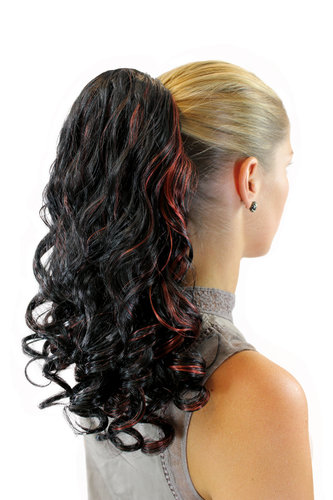 Haarteil Ponytail Hairpiece extension very long curled curls black mixed red combs drawstring 20"