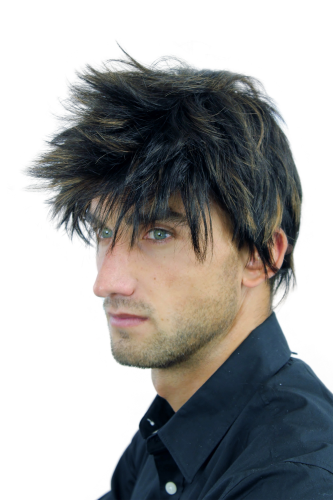 Men Gents Quality Wig Short Youthful Wild And Stormy Look Dark Brown Streaked Blond Highlights