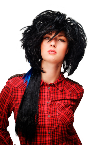 Party/Fancy Dress Wig amazing volume with long ponytail 80ies Wave Glam Punk Black & Blue strands