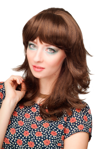 CM-177-8 Lady Quality Wig shoulder length bangs fringe medium brown brunette slightly curled wavy