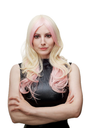 Lady Quality Wig Cosplay long straight + curled ends platinum blond pink mix layered middle parting