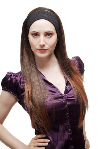 Lady Quality Wig on elastic black headband very long straight chestnut brown mix strands 27"