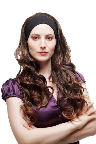 Lady Quality Wig on elastic black headband very long curling chestnut brown mix strands 25"