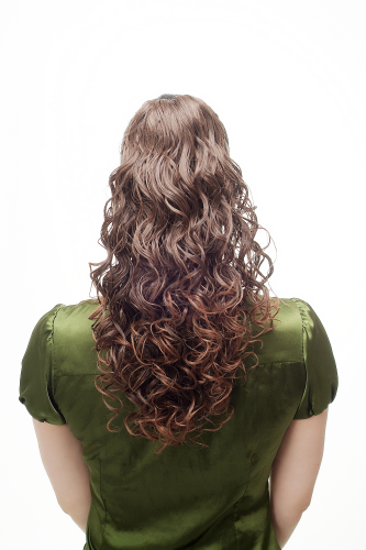 Hairpiece Ponytail with Claw Clamp/Clip long full & voluminous stringy wetlook curls brown chestnut