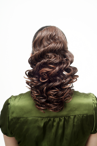 Hairpiece Ponytail with Claw Clamp/Clip full & voluminous wavy water wave to curly ends brown mix