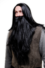 Party/Fancy Dress/Halloween LONG Beard & WIG set Black Wizard Biker Teuton Hun