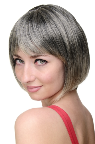 Lady Quality Wig short Page Bob fringe bangs black with blond highlights strands 703-1T228