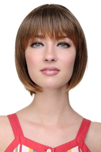 Lady Quality Wig Bob fringe bangs black with light brown reddish brown  strands streaked highlights