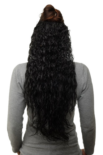 Hairpiece half wig Clip-In Extension long stringy crimpy curls latin shiny oily wet-look med black