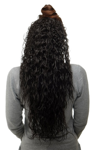 Hairpiece half wig Clip-In Extension long stringy crimpy curls latin shiny oily wet-look dark brown