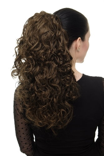 Hairpiece Ponytail with 2 combs/clips & elastic draw string long full curls voluminous medium brown