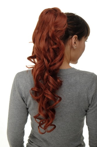 Hairpiece micro clamp, combs, elastic draw string curly curls voluminous long dark copper red 23"