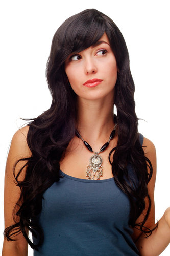 Stunning Lady Quality Wig very long wavy long fringe (for side parting) dark brown 27,5 inch