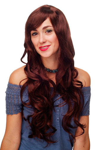 Stunning Lady Quality Wig very long wavy long fringe (for side parting) mahogany redbrown 27,5 inch