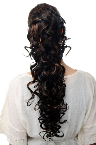 Ponytail Hairpiece extension very long curled l curls black mixed light copper brown claw clamp 22"