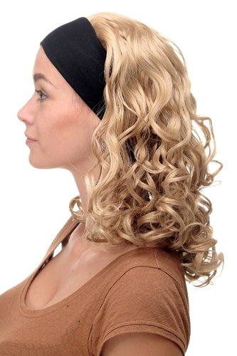 Lady Quality Wig fixed black head band shoulder length very voluminous curled warm medium blond