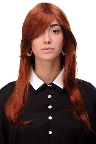 Lady Quality Wig Cosplay medium length long bangs worn as side parting straight layered copper red