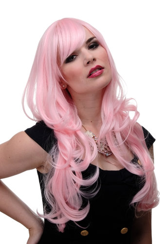 Lady Quality Cosplay Wig very long beautiful curling ends straight top fringe bangs bright pink