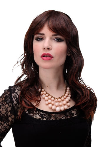 Lady Quality Wig wavy slightly stringy wet look fringe bangs (can part to side or middle) mahogany
