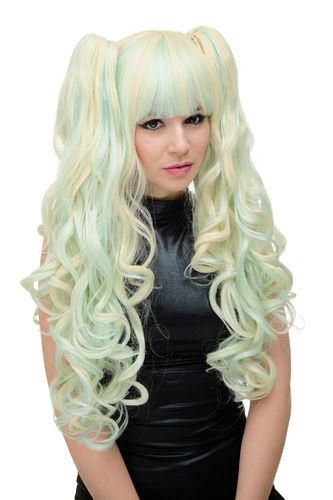 YZF-7092L+A-T5507/613 Quality Cosplay Wig 2 Ponytails pigtails curls bangs blonde light blue mix